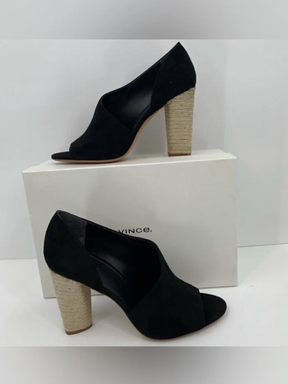 Vince Percey Block Heel black suede peeptoe sandals jute wrap bootie shoe NWT